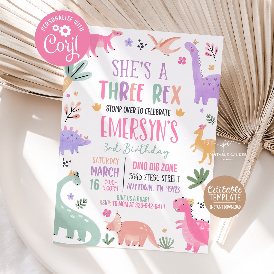 Pastel Dinosaur Birthday Invitation Girl